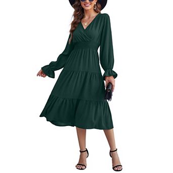 Women's Casual Wrap V Neck Midi Dress Long Sleeve Waist Tiered a Line Pleated Flowy Long Dress