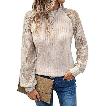 Women's Casual Lace Long Sleeve Blouse Tops Floral Crochet Pullover Crew Neck Knit Blouse Shirt