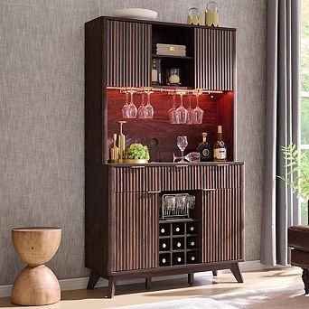 72" Tall Fluted Wine Bar Cabinet with Storage Hutch, Buffet with LED Lights, Wine & Glass Racks