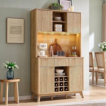 72" Tall Fluted Wine Bar Cabinet with Storage Hutch, Buffet with LED Lights, Wine & Glass Racks