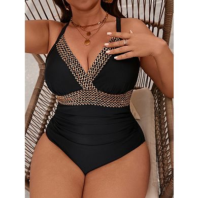 Plus Size Classic Retro One Piece Swimsuit Gold Accented Slimming Bathing Suit