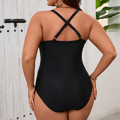 Plus Size Classic Retro One Piece Swimsuit Gold Accented Slimming Bathing Suit
