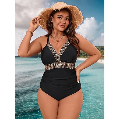 Plus Size Classic Retro One Piece Swimsuit Gold Accented Slimming Bathing Suit