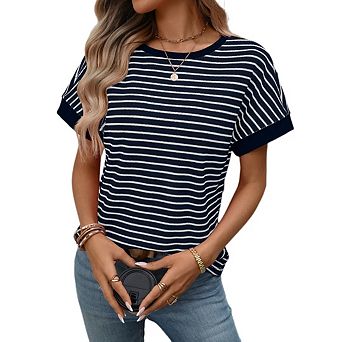 Women's Casual Short Sleeve Knit Blouses Tops Summer Trendy Crew Neck Striped Shirts