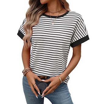 Women's Casual Short Sleeve Knit Blouses Tops Summer Trendy Crew Neck Striped Shirts