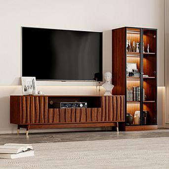 Walnut Finish Media Console for TVs up to 65", Mid-century TV Stand and Display Cabinet with Storage