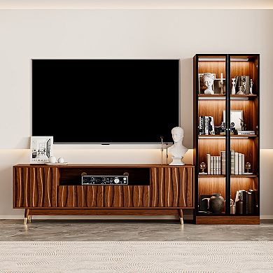 Walnut Finish Media Console for TVs up to 65", Mid-century TV Stand and Display Cabinet with Storage