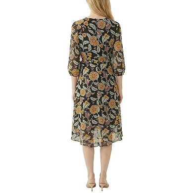 Petite 3/4 Sleeve V Neck Belted Chiffon Dress