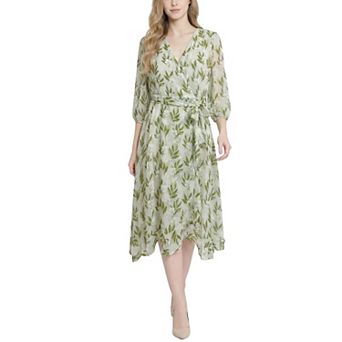 Petite 3/4 Sleeve V Neck Belted Chiffon Dress