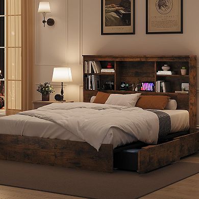 Full Size Bed Frame with High Storage Bookcase Headboard, Wood Bed Frame with 4 Storage Drawers