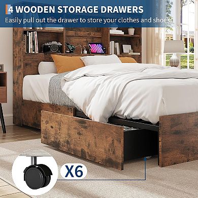 Full Size Bed Frame with High Storage Bookcase Headboard, Wood Bed Frame with 4 Storage Drawers