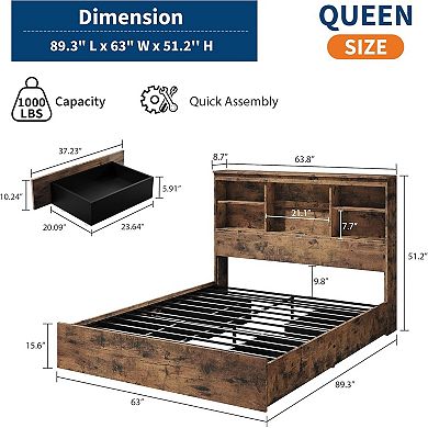 Full Size Bed Frame with High Storage Bookcase Headboard, Wood Bed Frame with 4 Storage Drawers