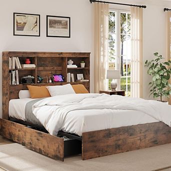 Full Size Bed Frame with High Storage Bookcase Headboard, Wood Bed Frame with 4 Storage Drawers