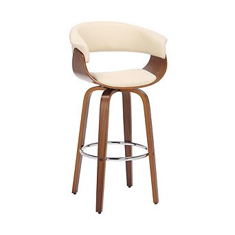 Swivel Bar Stool in Cream Faux Leather with Walnut Wood Frame