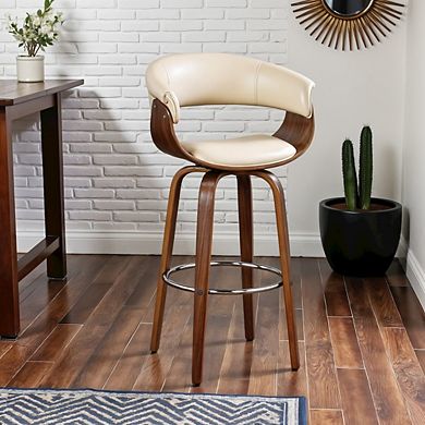 Swivel Bar Stool in Cream Faux Leather with Walnut Wood Frame