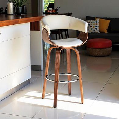 Swivel Bar Stool in Cream Faux Leather with Walnut Wood Frame