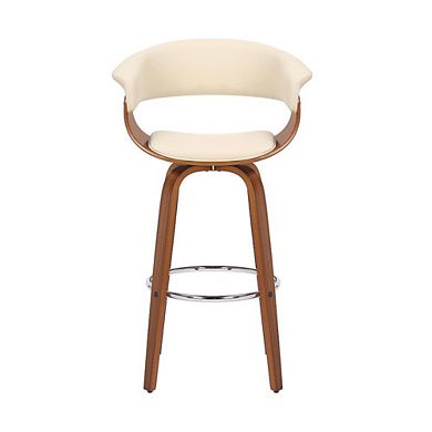 Swivel Bar Stool in Cream Faux Leather with Walnut Wood Frame