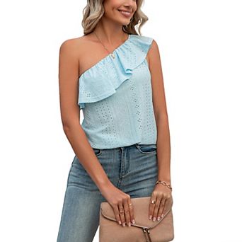 Women's Summer Hollow Out Eyelet One-Shoulder Top Casual Ruffle Trim Blouse Soft Boho Work Shirt
