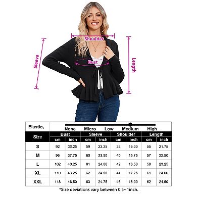 Women Ruffle Hem Cardigan Tie Front Long Sleeve Open Knit Sweater Casual Layering Piece