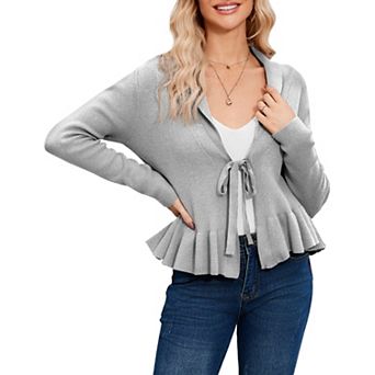 Women Ruffle Hem Cardigan Tie Front Long Sleeve Open Knit Sweater Casual Layering Piece