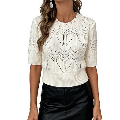 Women's Openwork Crochet Crop Top - Round Neck Short Ribbed Sleeve Sheer Knitted Summer Top