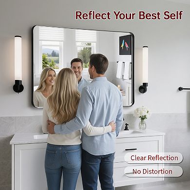 SUMERAIN 40"x30" Rounded Corner Mirror, Matte Black Metal Frame, 4mm Shatterproof Tempered Glass