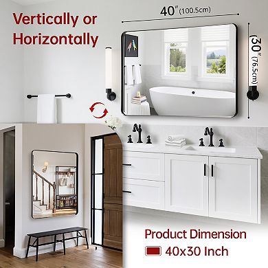 SUMERAIN 40"x30" Rounded Corner Mirror, Matte Black Metal Frame, 4mm Shatterproof Tempered Glass