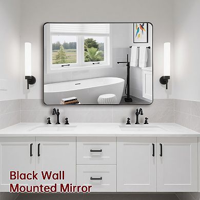SUMERAIN 40"x30" Rounded Corner Mirror, Matte Black Metal Frame, 4mm Shatterproof Tempered Glass
