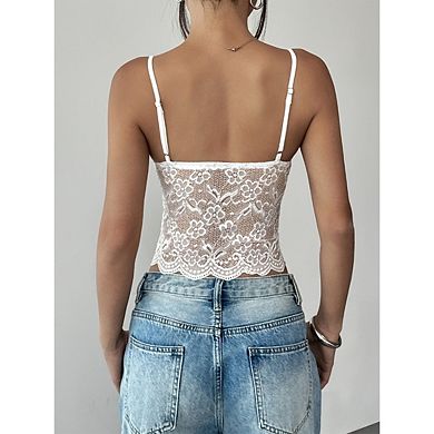 Women's Lace Patch Trimmed Knotted Camisole Solid Color Trendy Tank Top