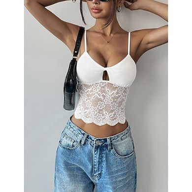 Women's Lace Patch Trimmed Knotted Camisole Solid Color Trendy Tank Top