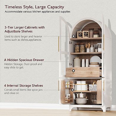 Lufeiya 71 Inch Arched Kitchen Pantry Cabinet, Adjustable Shelves, Hidden Drawer, Storage Cupboard