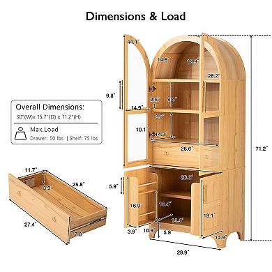 Lufeiya 71 Inch Arched Kitchen Pantry Cabinet, Adjustable Shelves, Hidden Drawer, Storage Cupboard