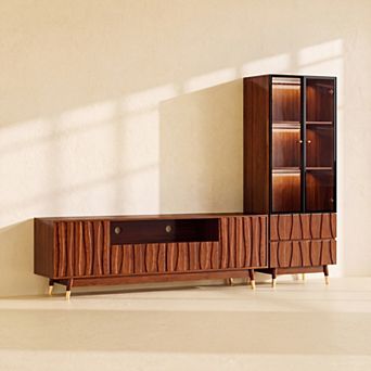 Walnut Finish Media Console for TVs up to 65", Mid-century TV Stand and Display Shelf with Drawers