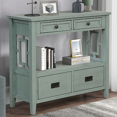 Whisen Farmhouse Console Table with 4 Drawers and Storage Shelf