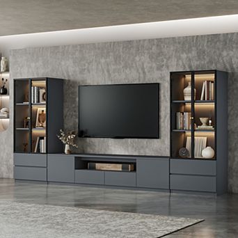 Wood Media Console, Modern Entertainment Center for TVs up to 75'', Gray TV Stand with Storage Shelf