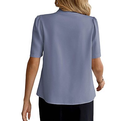 Women's V Neck Button Down Shirt Puff Short Sleeves Elegant Formal Blouse Tops