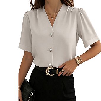 Women's V Neck Button Down Shirt Puff Short Sleeves Elegant Formal Blouse Tops