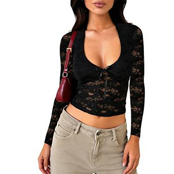 Women Sheer Floral Lace Long Sleeve Crop Top with Deep V-Neck & Front Bow Tie Detail