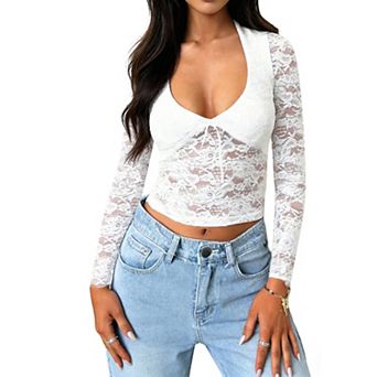 Women Sheer Floral Lace Long Sleeve Crop Top with Deep V-Neck & Front Bow Tie Detail