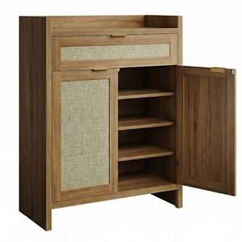 Farmhouse Rattan Shoe Cabinet with Doors and Adjustable Shelves 5 tier Wooden Shoe Storage Organizer