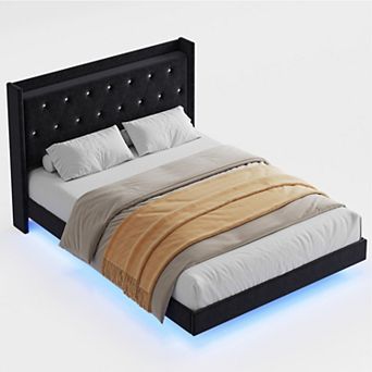 Wingback Velvet Platform Bed with LED Lights, Storage Bookcase Headboard, Wooden Slats Support