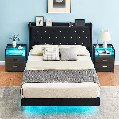 Wingback Velvet Platform Bed with LED Lights, Storage Bookcase Headboard, Wooden Slats Support