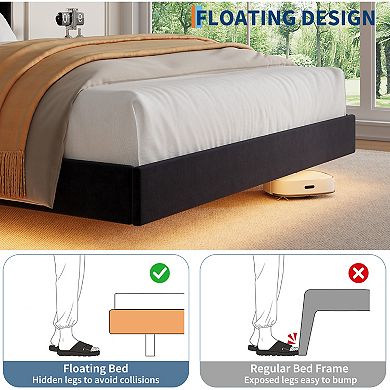 Wingback Velvet Platform Bed with LED Lights, Storage Bookcase Headboard, Wooden Slats Support