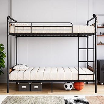 Bunk Bed Twin Over Twin with Ladder and High Guardrail, Twin Size Convertible Metal Bunk Beds