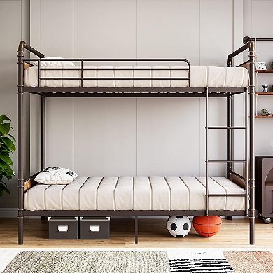 Bunk Bed Twin Over Twin with Ladder and High Guardrail, Twin Size Convertible Metal Bunk Beds