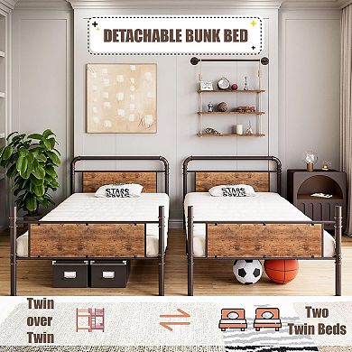 Bunk Bed Twin Over Twin with Ladder and High Guardrail, Twin Size Convertible Metal Bunk Beds