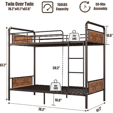 Bunk Bed Twin Over Twin with Ladder and High Guardrail, Twin Size Convertible Metal Bunk Beds