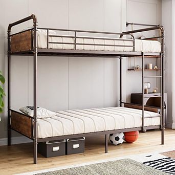 Bunk Bed Twin Over Twin with Ladder and High Guardrail, Twin Size Convertible Metal Bunk Beds