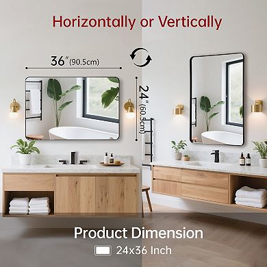SUMERAIN Rounded Corner Mirror 24"x36", Metal Frame, Shatterproof Tempered Glass Square Wall Mirror