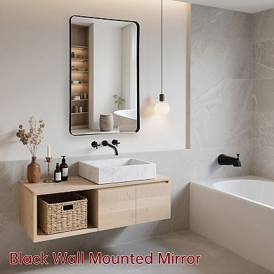 SUMERAIN Rounded Corner Mirror 24"x36", Metal Frame, Shatterproof Tempered Glass Square Wall Mirror
